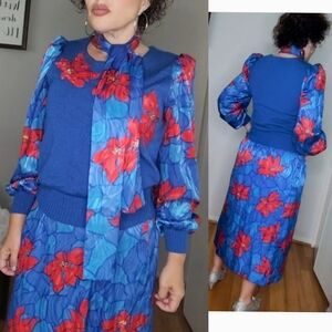 Anthony Sicari Vintage Blue Red Skirt Set Scarf Christmas Poinsettia Medium